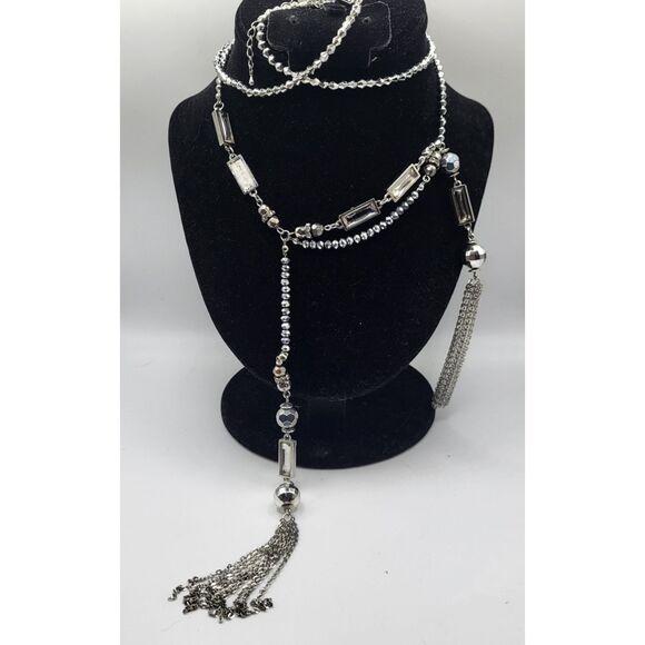 Funky Silvertone Dual Tassel Long Strand Necklace 32in - Picture 1 of 3